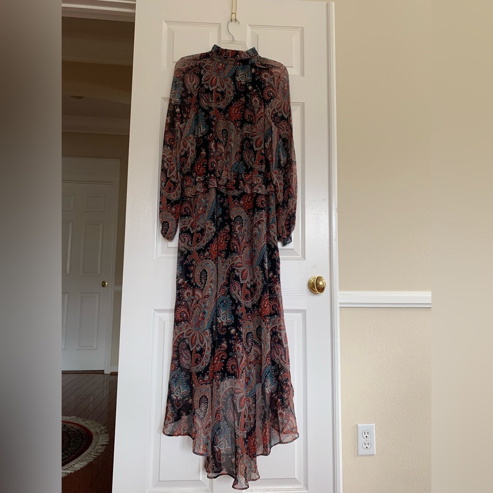 FINAL PRICE NWT Banana Republic SILK Maxi Dress Black/Green/Red/Cream Paisley L - Picture 3 of 16
